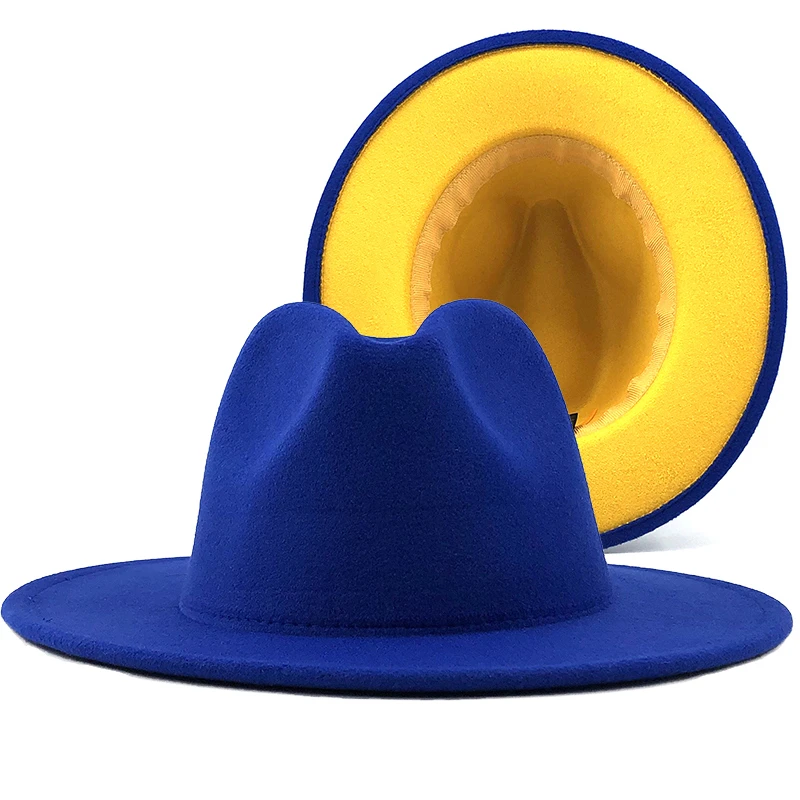 

Blue yellow Patchwork Wool Felt Jazz Fedora Hat Women Unisex Wide Brim Panama Party Trilby Cowboy Cap Men Gentleman Wedding Hat