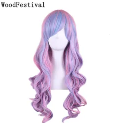 WoodFestival Synthetic Wig With Bangs Pink Party Cosplay Wigs For Women Long Hair Colored Rainbow Red Blue Brown Female Wavy