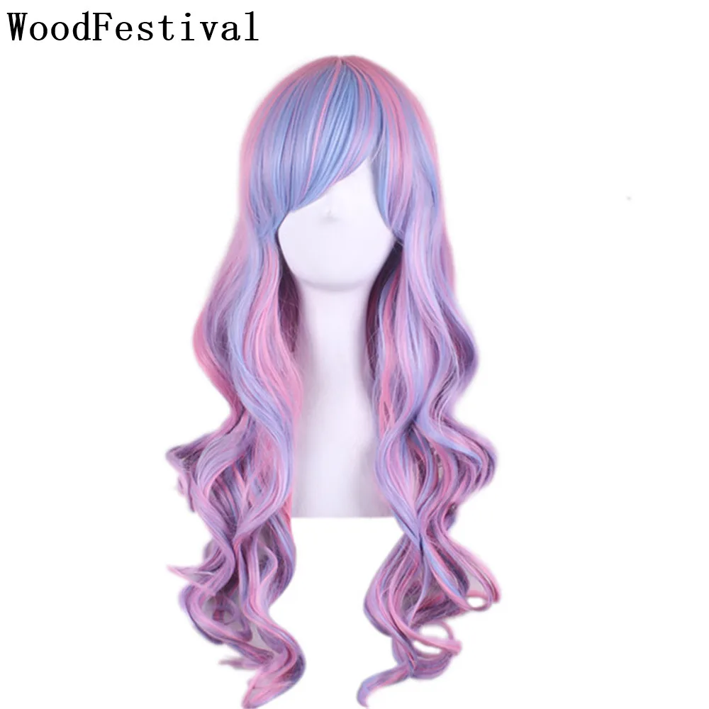 WoodFestival Synthetic Wig With Bangs Pink Party Cosplay Wigs For Women Long Hair Colored Rainbow Red Blue Brown Female Wavy