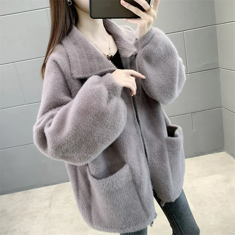 2024 Autumn Winter Thick Faux Mink Cashmere Woolen Coat Women Loose Short Outwear Korean Big Pocket Zipper Woolen Jacket Female