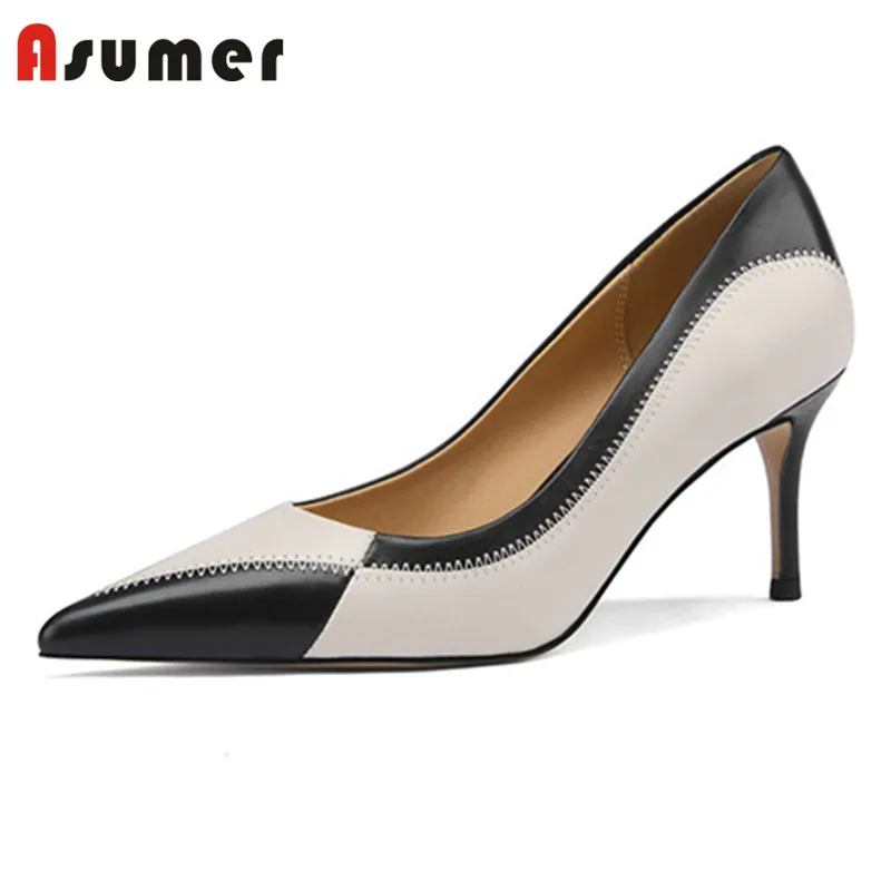 

Asumer 2022 New Arrive Genuine Leather Shoes Women Pumps Mixed Colors Spring Summer Single Shoes Dress Party Women High Heels