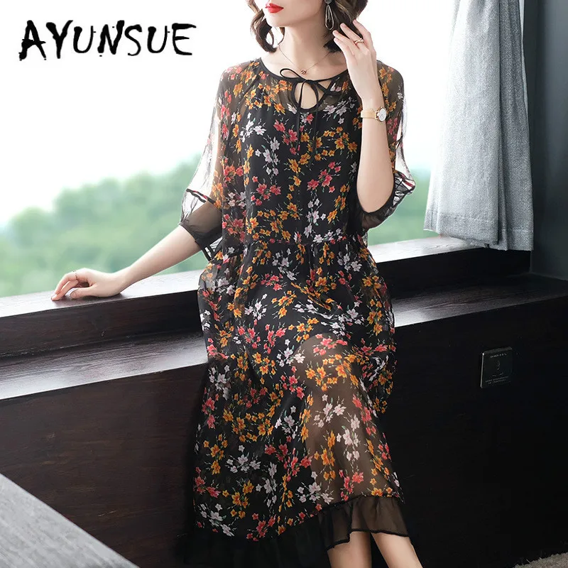 

Real Silk Dress Women Summer Dress Korean Fashion Print Midi Dress Elegant Vintage Party Dress Vestido Mujer P8102 YY2582