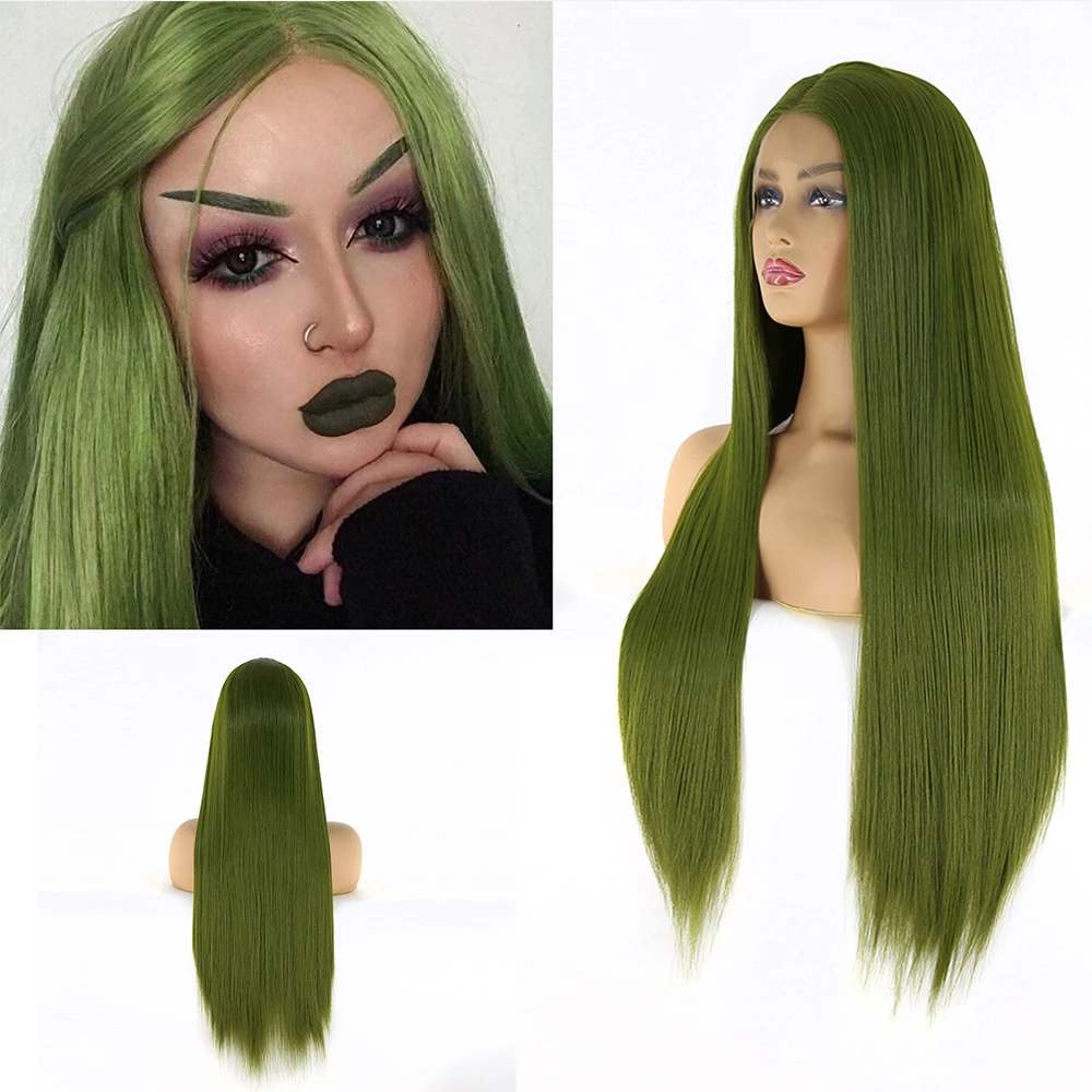 Thiswig Light Green Wig Synthetic Lace Front Wig for Black Women Straight Long Hair Natural Hairline Glueless Heat Resistant Wig