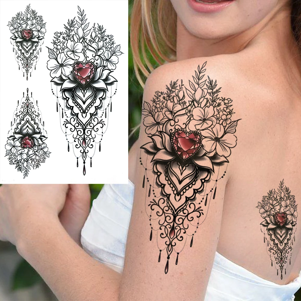 3D Hummingbird Flower Temporary Tattoos For Women Adults Geometry Bird Butterfly Fake Tattoo Sticker Rose Black Arm Tatto Lace