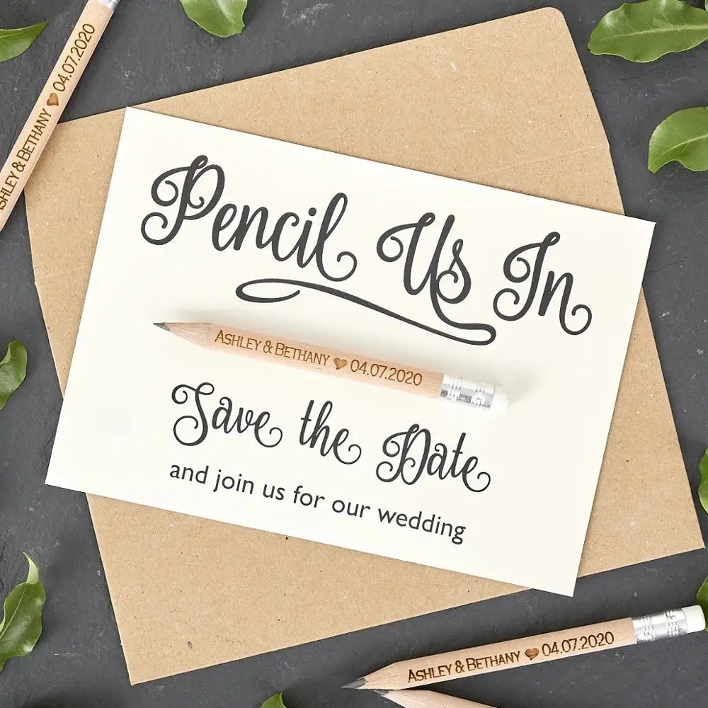 Personalised Pencil Us In Save the Dates - welcome Wedding Invitations - Engraved - Kraft Style Backing card & Envelopes Options