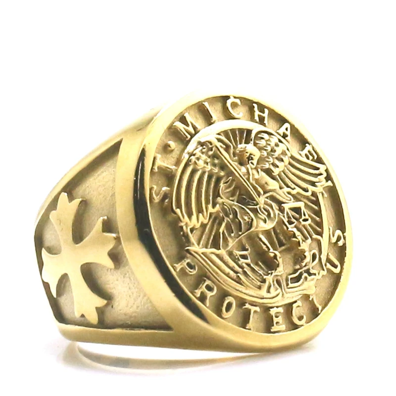 Newest Unisex Cross Saint Michael Protect US 316L Stainless Steel Gold-Color Ring