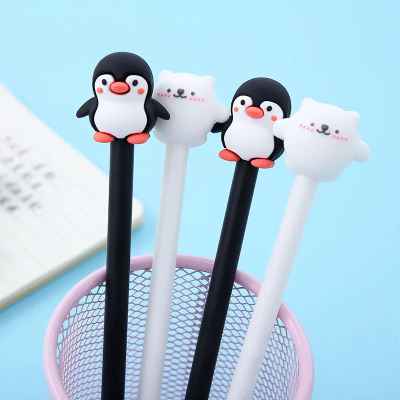 Caneta gel com pinguim de silicone Kawaii, nas cores branco e preto, para assinatura, escola, secretaria escolar, material de escritório, promoção, presente, 2 peças