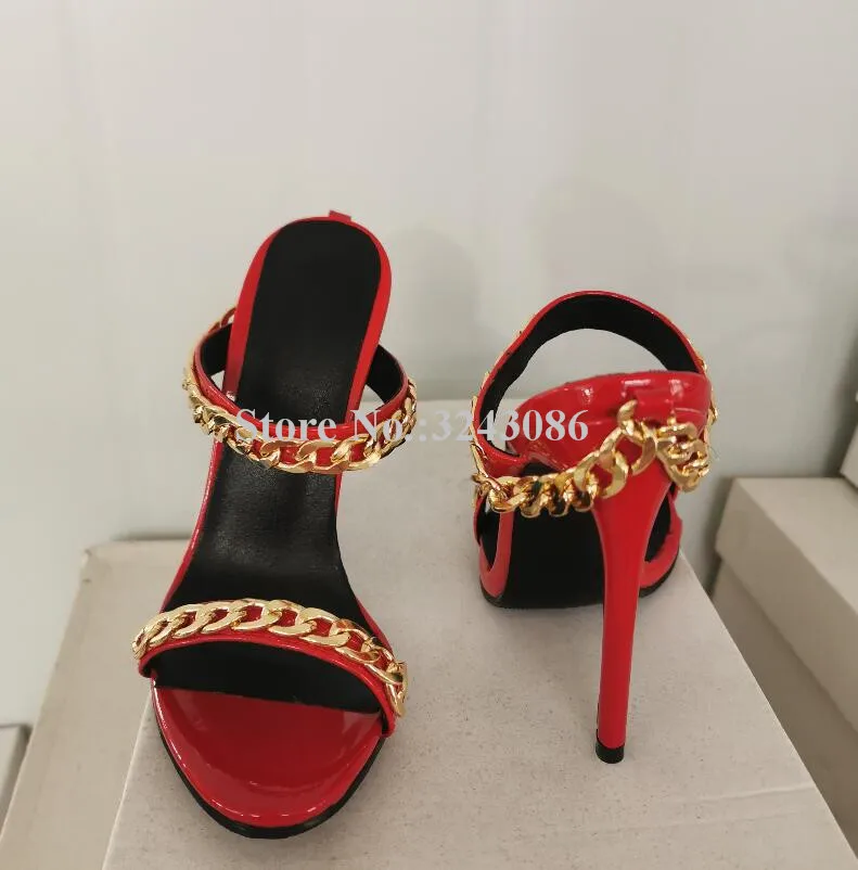 Fashion Gold Chains Stiletto Heel Sandals Lady Sexy Red Color Patent Leather Metal Chains Decor Slippers Shoes Women Real Photos