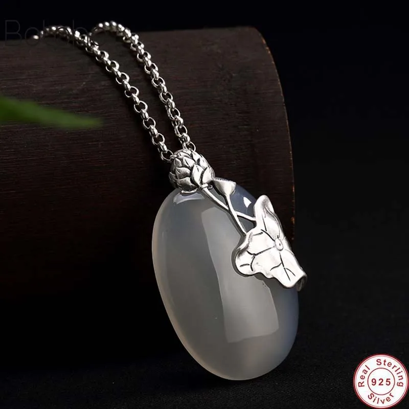 

White chalcedony Lotus Leaf Pendant 100% 925 Sterling Silver colour Women Inlaid Natural stone Necklace Pendant fine Jewelry