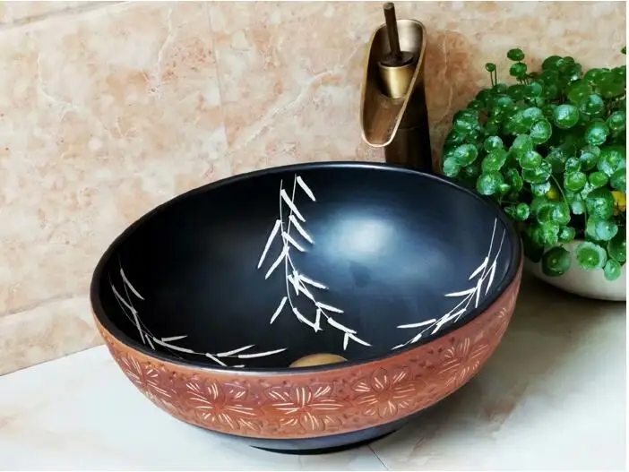 

Bathroom Round Ceramic Vessel Sink Vanity Artistic Basin with Pop up Drain Combo AB241