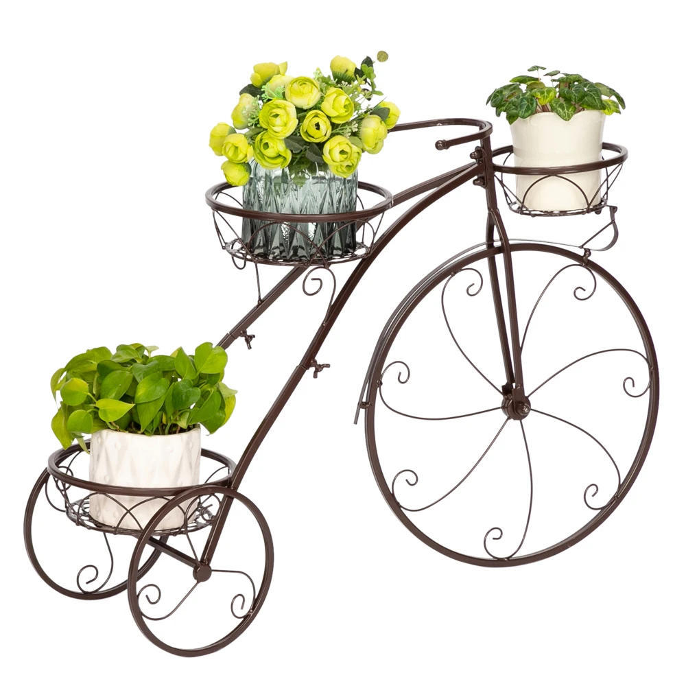 Bicycle Shape 3 Seat Plant Stand Garden Flower Frame Flowerpot Rack Black/Bronze Color Paint 30.5x10x20.5Inch[US-Stock]