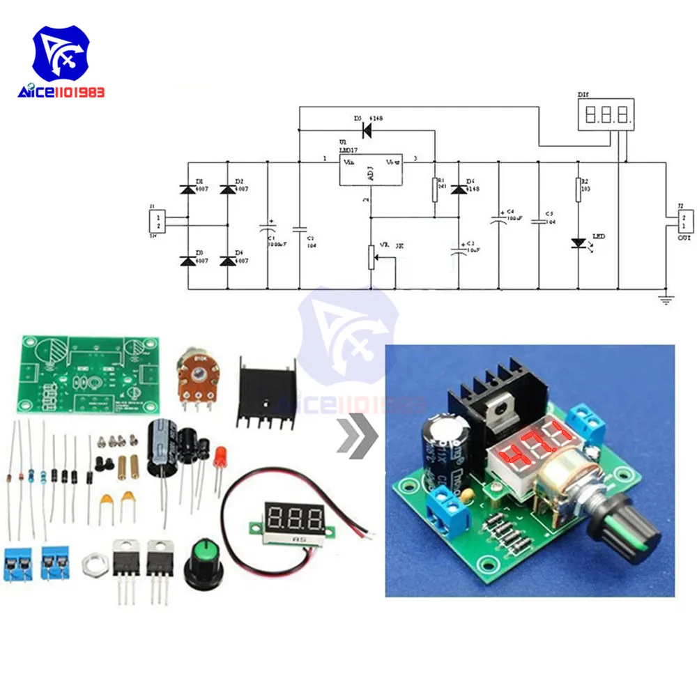 LM317 AC/DC to 27V 40V Step Down Buck Converter Module Adjustable Potentiometer Voltage Regulator Board with LED DIY Kit