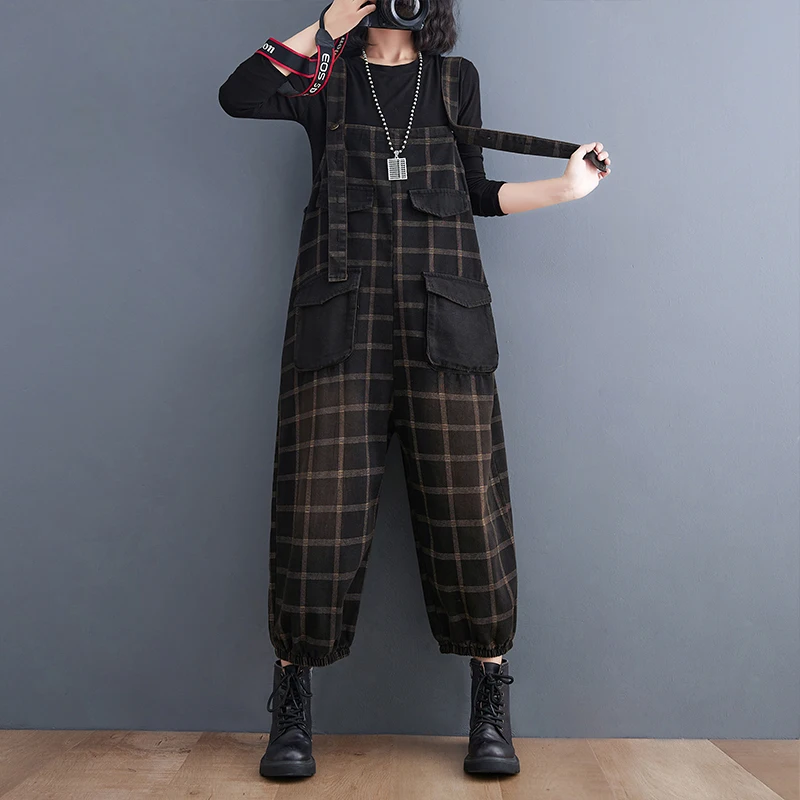 

Vintage Straight Oversized Checkered Jeans Rompers Women Loose Plus Size Wide Leg Denim Jumpsuit Bib Pants Print Plaid Overalls