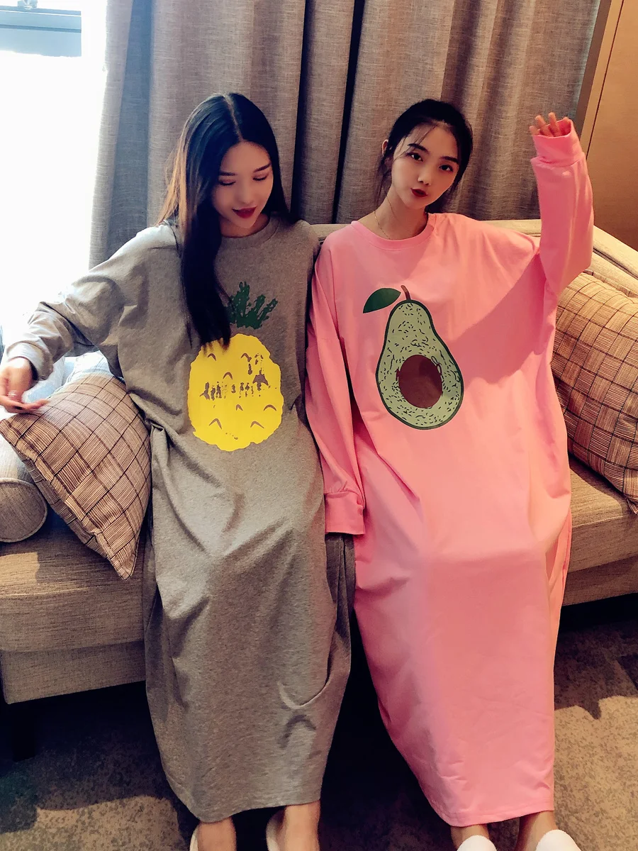 Big And Wide Cartoon Long Night Dress Women Long sleeve  Nightgown Oversize Sleepshirts Nightie Nightdress Cotton Sleepwear