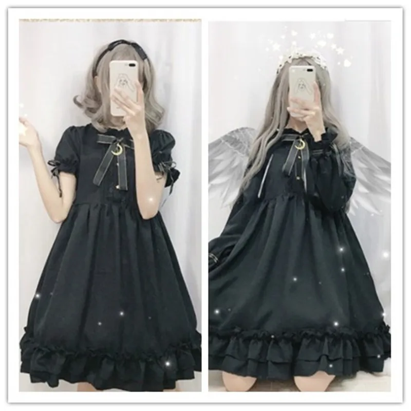 

black color Lolita dress soft sister wind retro dark cute bow moon lolita skirt ruffled cute kawaii girl gothic lolita