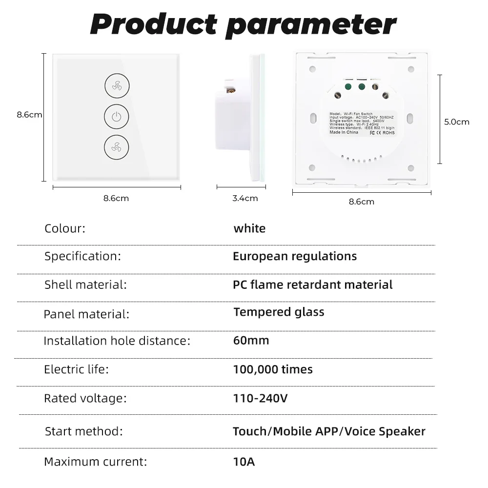 SMATRUL Tuya Touch Wifi Ceiling Fan Switch EU Smart Life Remote Timer Speed Wall glass APP Control Work with Alexa Google Home