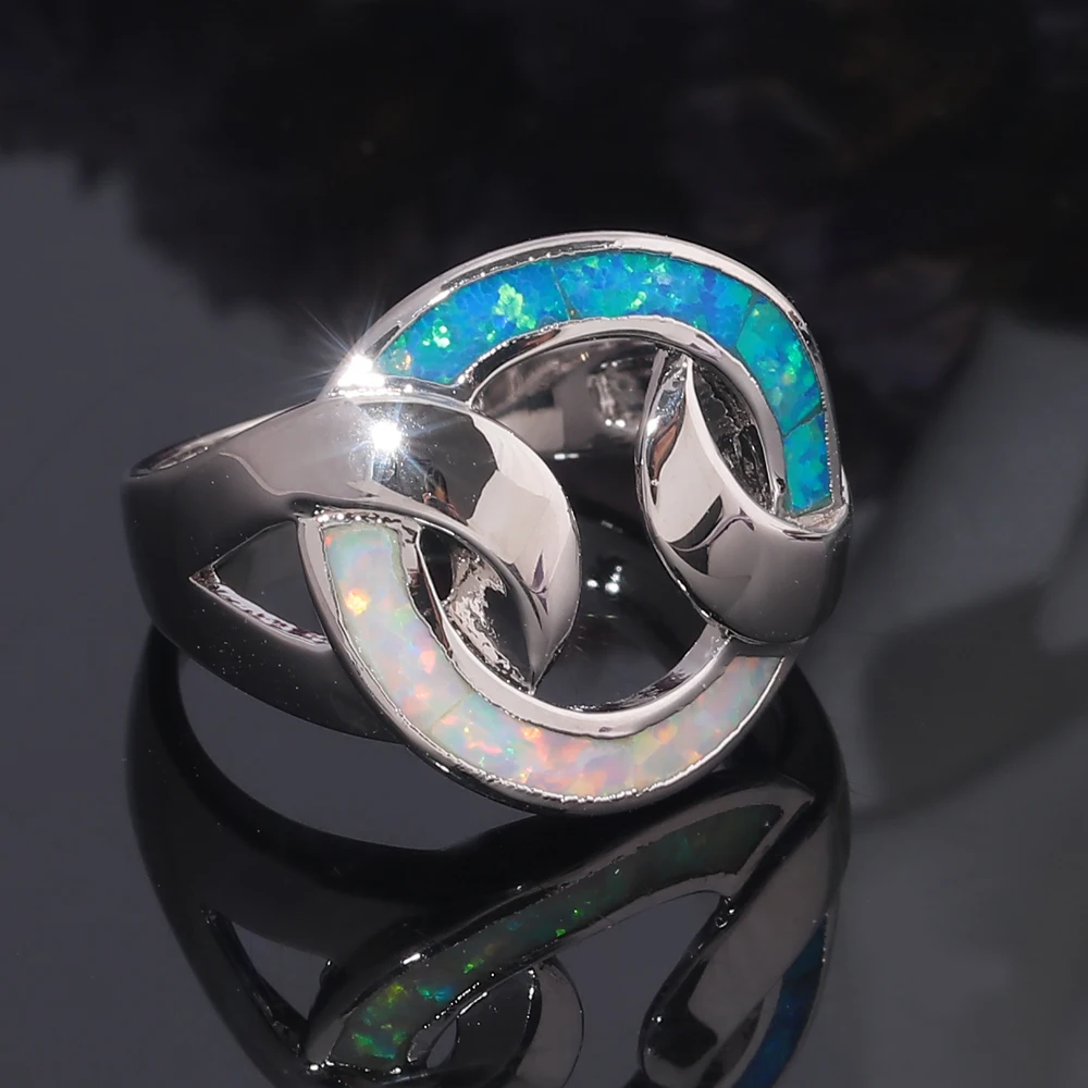 CiNily Created Blue White Fire Opal Silver Plated Wholesale Hot Sell Women Jewelry Ring Size 6-9 OJ9575