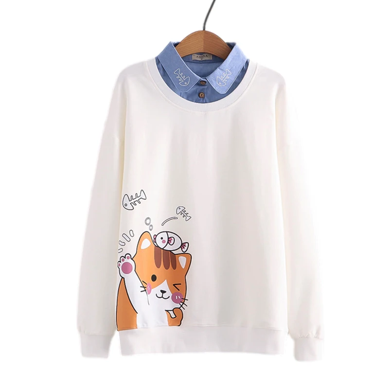 Kawaii Anime Cat Printed Sweatshirt Girls Cute Cartoon Graphic Vintage Hoodie Female Japan Preppy Long Sleeve Pullover Top Women