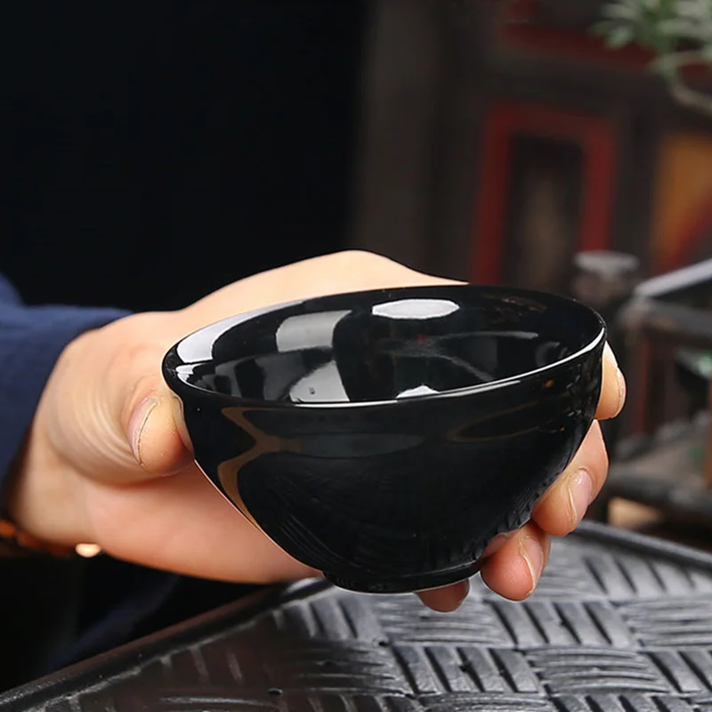 Traditional Black Ceramic Teacup Tree Leaf Pattern Tea Bowl Chinese Handmade Tea Set Portable Meditation Cup Master Tea Cup