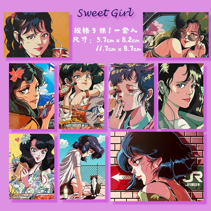 ​Japanese Cartoon Sweet Retro Girl Decoratiove Card 9 Sheets Creative Diy Wall Sticker Beautiful Postcard Bookmarks Photo Props