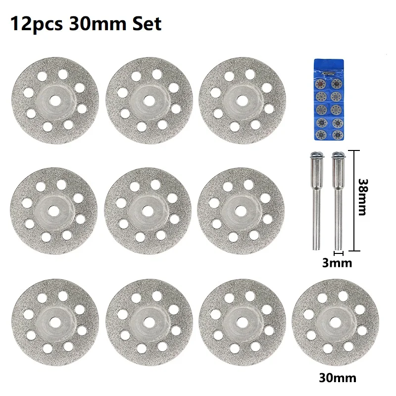 Diamond Saw Blade12 Pcs 20-30mm With 3 mm Mandrel for Dremel Rotary Tools Mini Cutting Disc Stone Glass Tile Cut Metal