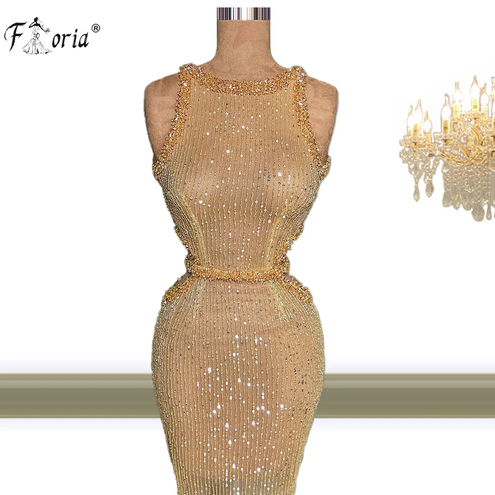 Illusion Gold-Vestidos de Noche transparentes con lentejuelas y cuentas, Sexy, sin mangas, para baile de graduación, lujo, largos, formales, Dubái, 2021