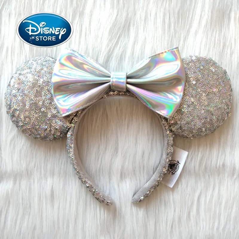 Disney Silver PU Bowknot Mickey Mouse Headband Disneyland Fashion Minnie Ears High Quality Sequins Headwear Toys Decoration Gift