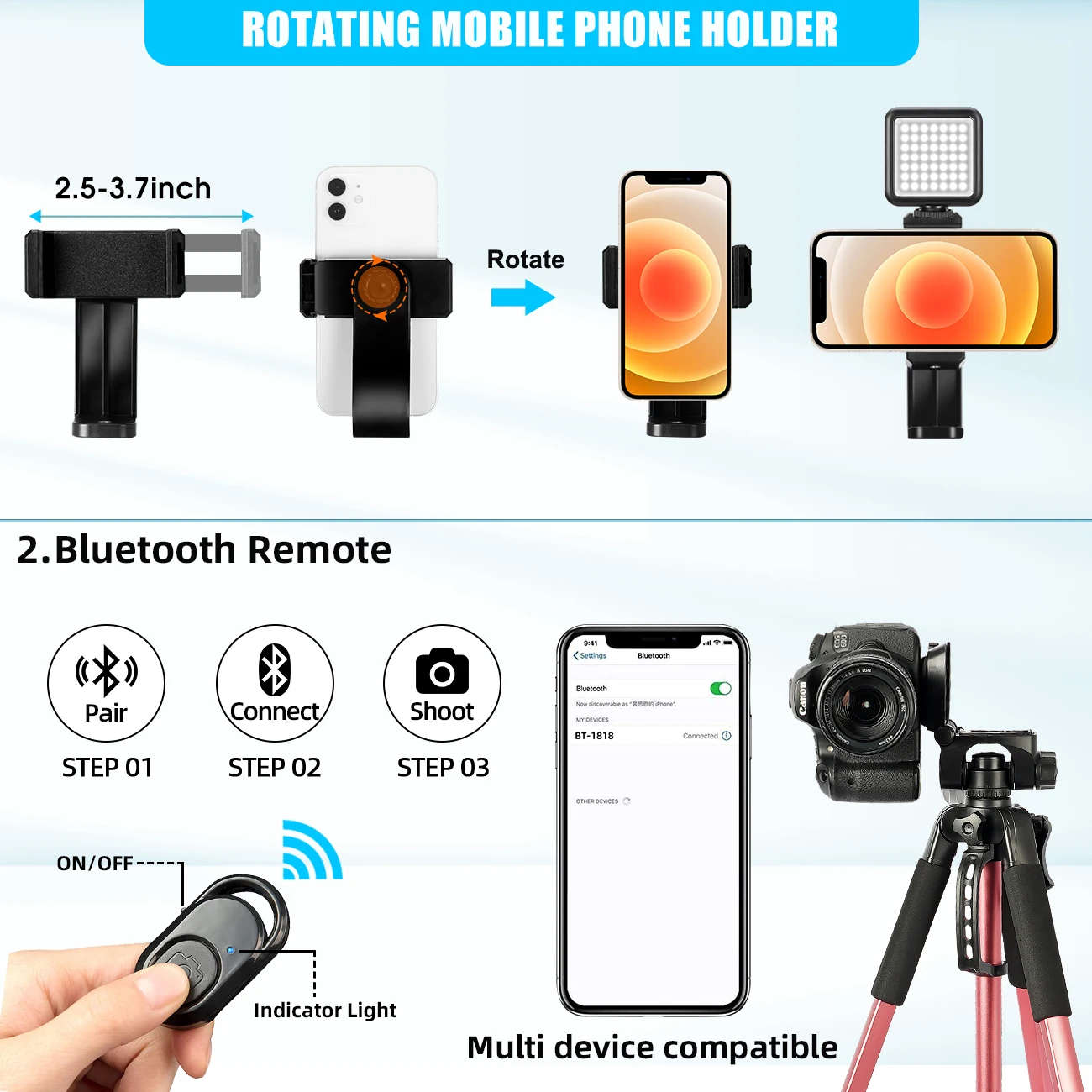 180cm Camera Tripod for Phone ​with Carry Bag Photography Mobile Phone Tripod with Bluetooth Remote for Video/DSLR/Canon