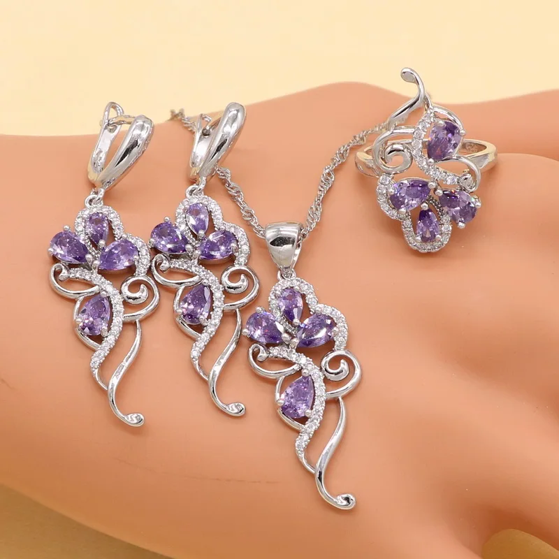 Sterling Silver Women Dubai Jewelry Sets Purple Cubic Zirconia Bracelet Geometric Earrings/Pendant/Necklace/Ring Free Gift