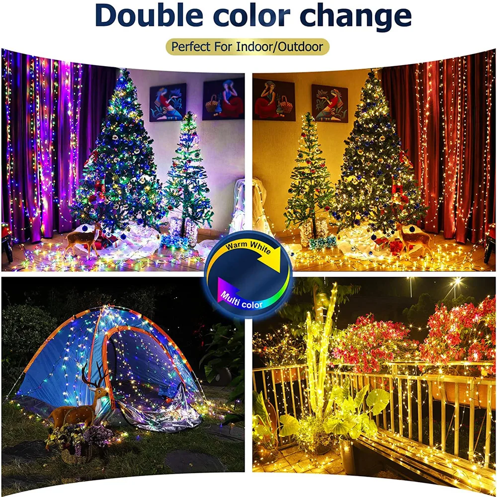 10M/20M Outdoor Solar String Lights Dual Color Changing Christmas Lights for Patio Yard Trees Christmas Holiday Wedding Party