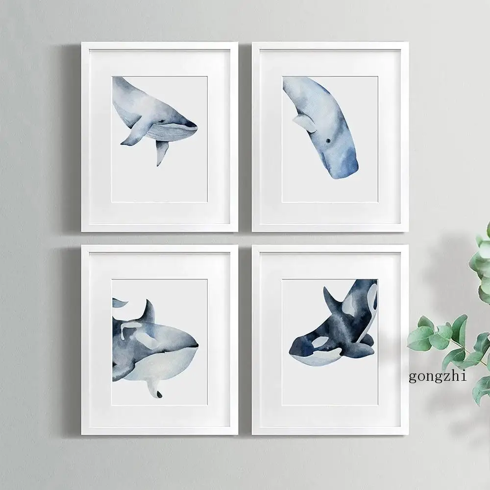 

Watercolor Ocean Themed Posters Whale Animal Minimalist Canvas Painting and Prints Modern Wall Art Pictures Living Room Decor