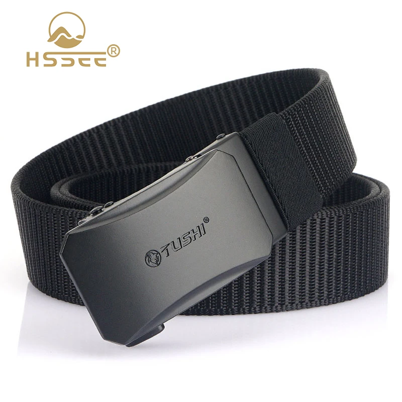 

HSSEE 3.4cm Casual Belt for Men Hard Metal Automatic Buckle Tactical Outdoor Waistband Tight Nylon Jeans Black Belt Male Gift