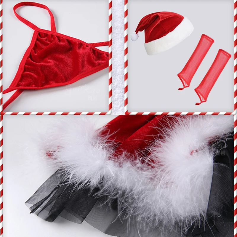 Christmas Velvet Pajamas Sexy Slit Plush Sling Nightdress Set With Gloves And Hat Women Sexy Santa Dress Christmas Xma Costumes