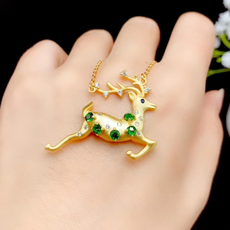 

KJJEAXCMY-925 Sterling Silver Deer Pendant Necklace for Women, Inlaid Natural Diopside, Female Necklace, Miss Trendy, Fine Jewel