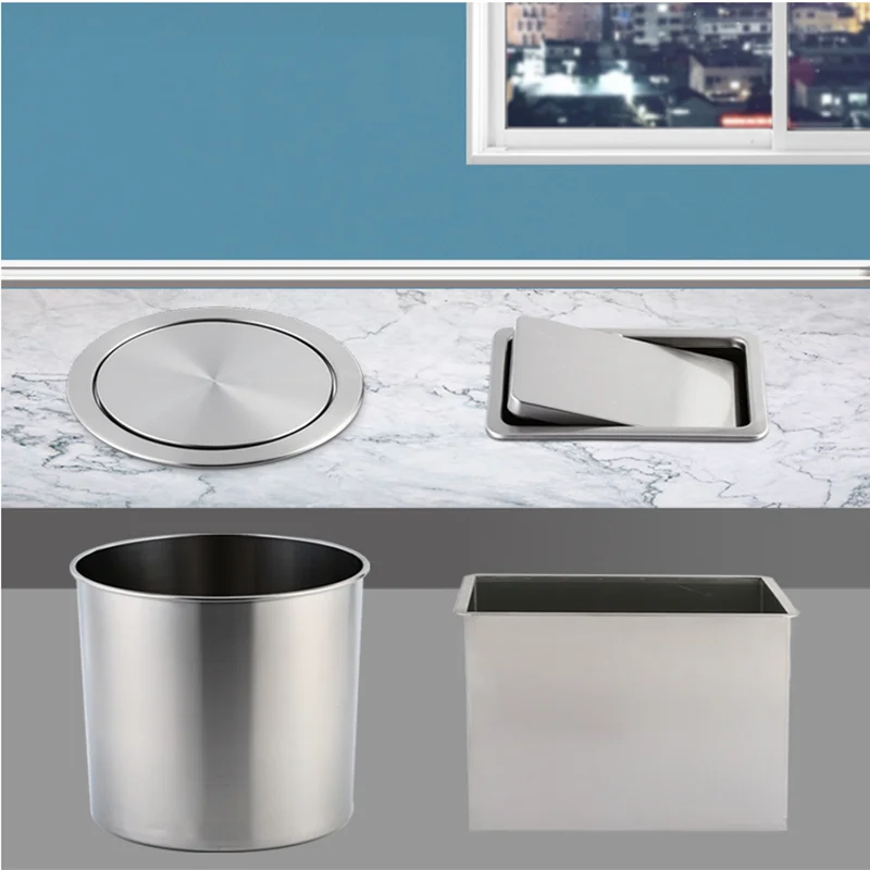 Stainless Steel Recessed Built-in Balance Swing Flap Lid Cover Trash Bin Garbage Can Kitchen Counter Top