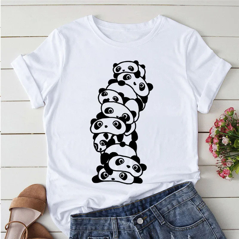 Camisetas de dibujos animados para mujer, camiseta Kawaii con estampado de Panda y Yoga, camiseta de manga corta, camisetas informales para mujer