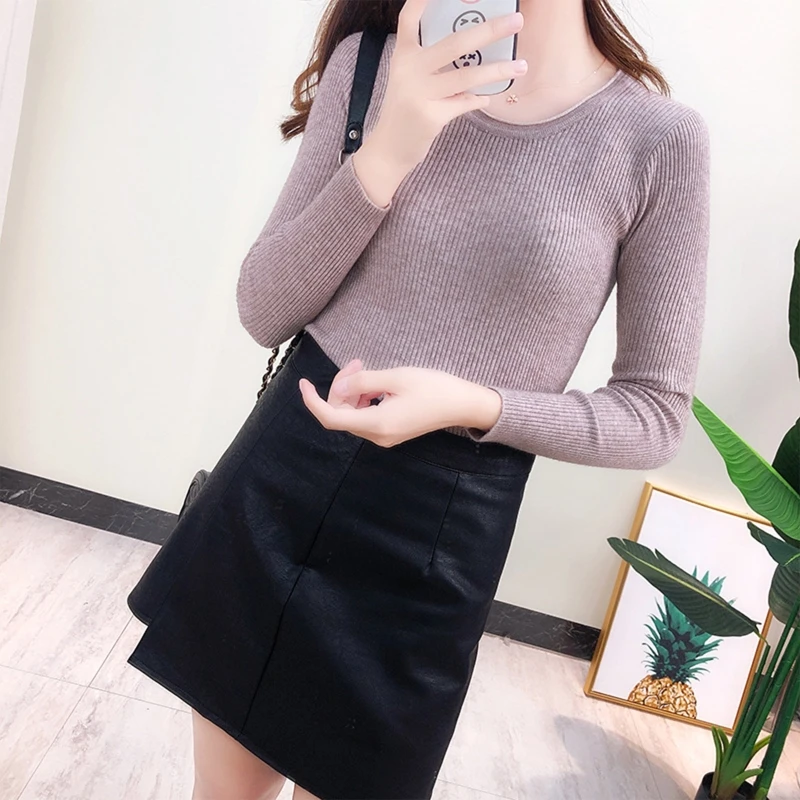 

Korean Style Women Long Sleeve Sweater Round Neck Simple Solid Color Pullover Tops Ribbed Knitted Slim Fit Autumn Jumper