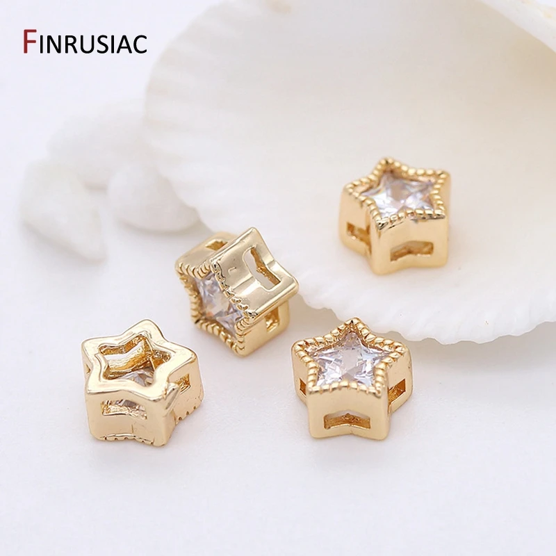 14K Gold Plated Inlaid Zircon Pentagram Spacer Beads Accessories,High Quality Brass Metal Loose Beads DIY Jewelry Making Craft