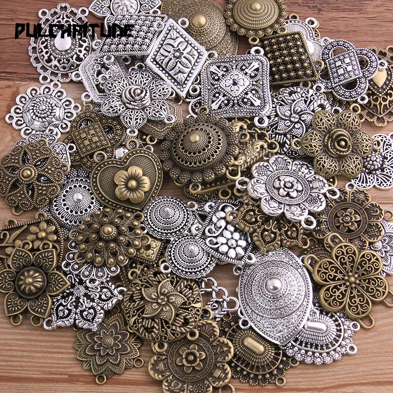 PULCHRITUDE Random 6 Pcs Mix 31 Styles Two Color Zinc Alloy Retro Pendants Connectors Linker For DIY Charm Jewelry Accessorie