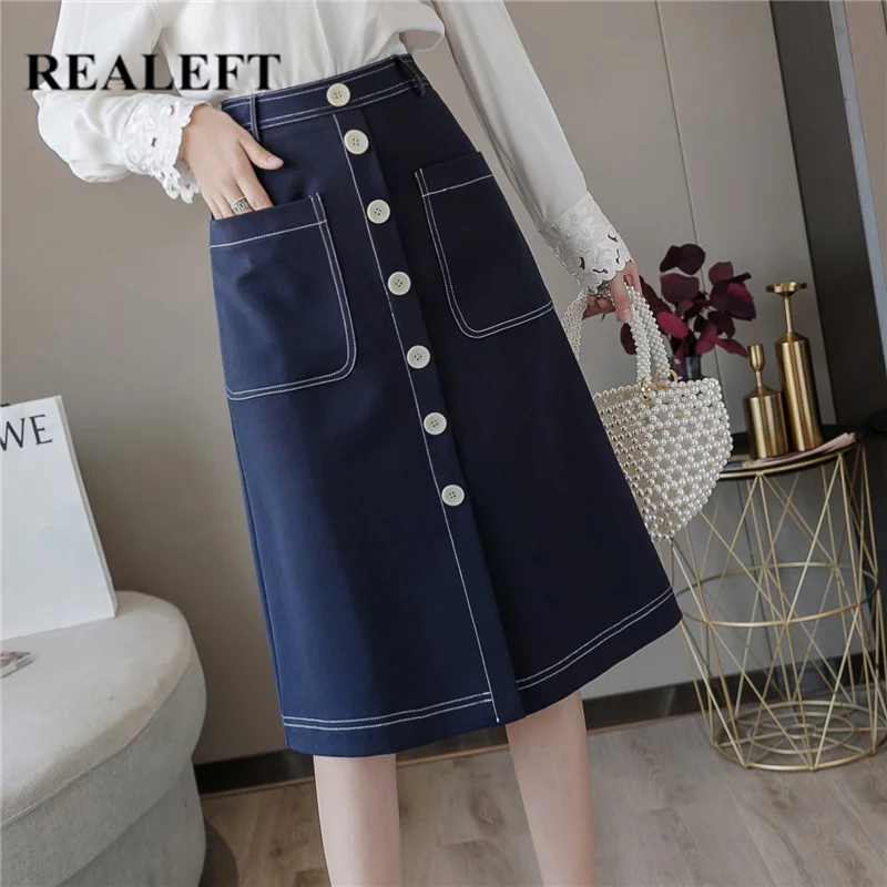 

REALEFT Spring 2020 New Single Breasted Chic Women Midi Skirts Korean OL Style High Waist A-Line Skirts with Pocket Female