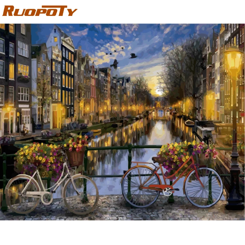 RUOPOTY Frame Amsterdam DIY Oil Painting By Number Landscape Calligraphy Painting Acrylic Paint On Canvas For Home Decor Artwork