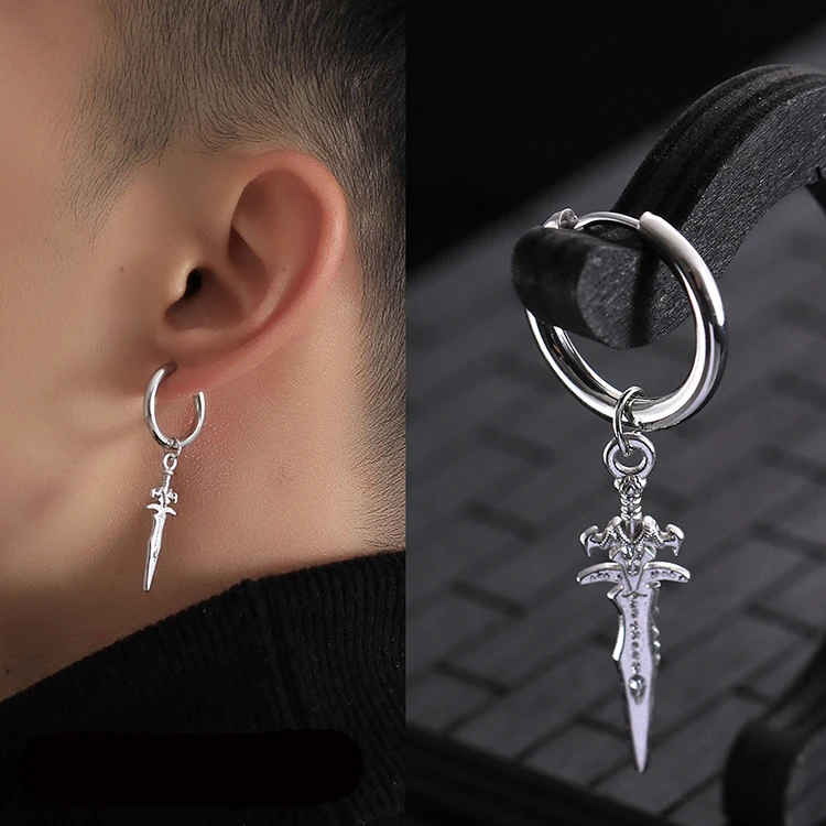 New Arrival Korean Boy Black Stainless Steel Earring Sword Cross Pendant Without Pierced Ear Clip Cool Girl Men's Party Gifts