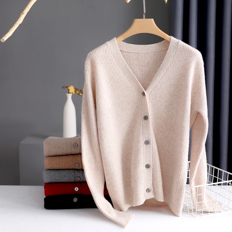 Spring and Autumn Chic V-Neck Striped Cashmere  Cardigan Women Cashmere Sweater Long Sleeve  Knitting Cardigan Women\'s