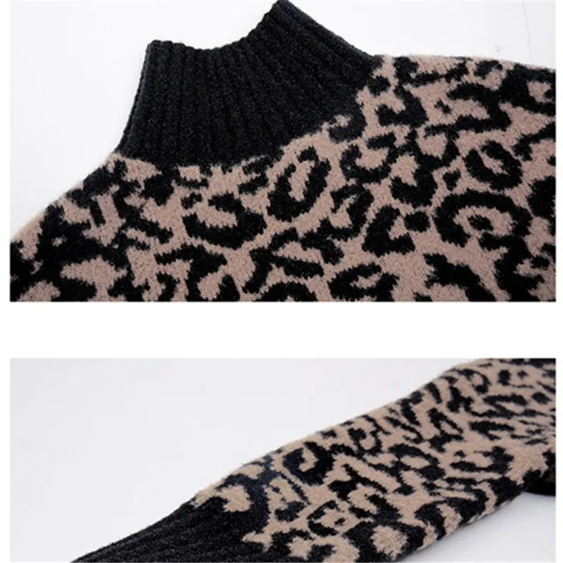 Baby Girls Leopard Print Turtleneck Sweater New Autumn Winter Korean Style Loose Kintwear Clothes Top for Kids 6 8 10 12 13Years