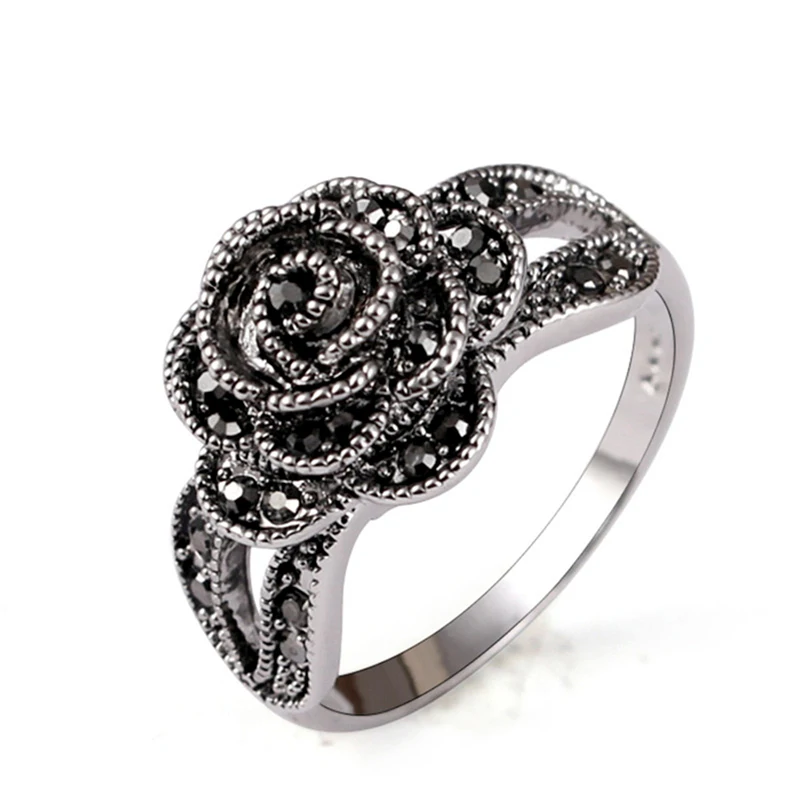 Rhinestone Black Flower Finger Ring For Women Brand Jewelry Vintage Style Size 6-10