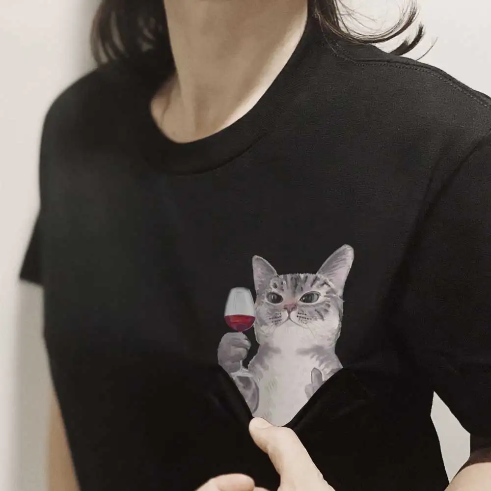 CLOOCL T-Shirt Fashion Summer Cat Wine Pocket T-shirt 3D Printed Men for Women Shirts Tops Funny Cotton Black Tees