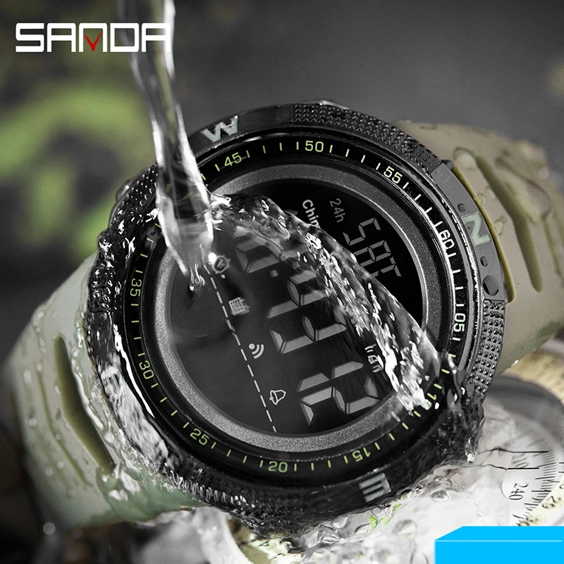 SANDA-Relógio esportivo militar para homens, relógio de moda, relógio de pulso digital, à prova de choque, contagem regressiva, pulseira impermeável
