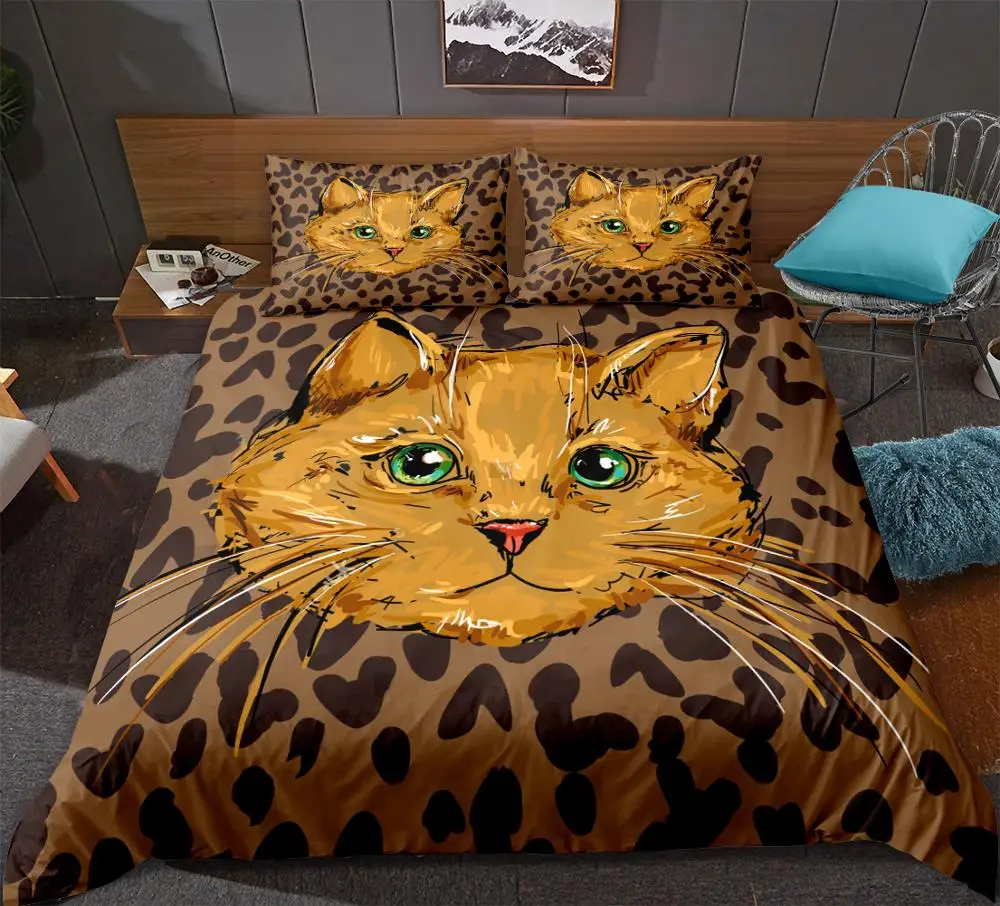 

Leopard-print Cat Bedding Set Cartoon Animal Print Duvet Cover Set queen Microfiber Bedspread 3-piece bed line kid home textiles