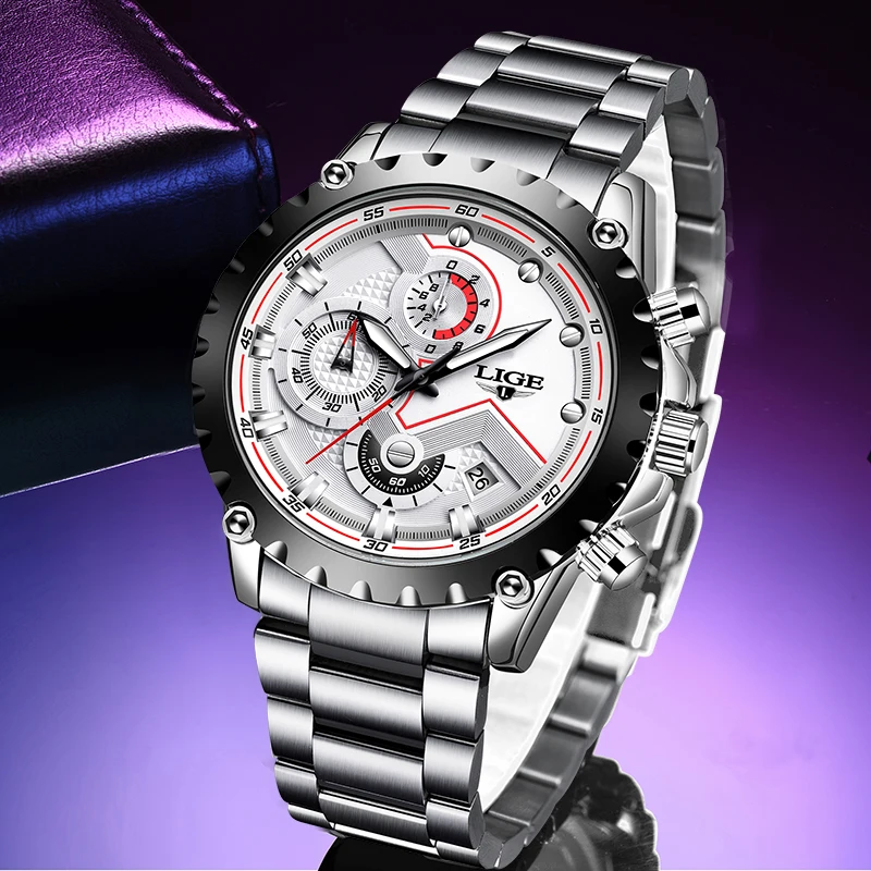 2023 LIGE Fashion Silver Mens Watch Top Brand Luxury Full Steel 30M Waterproof Watch Men Quartz Clock Business Watch Chronograph