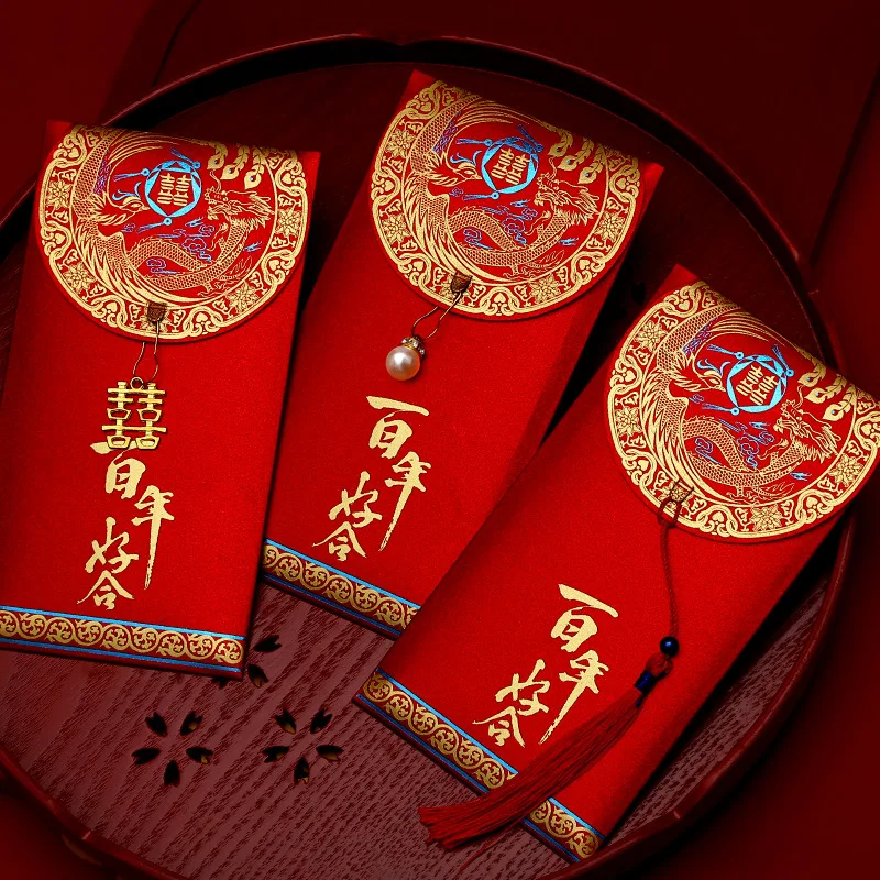 

(10 Pieces/Lot) 9x17cm Upscale Tassel Red Envelope Wedding Chinese Character Xi Fu Universal Big Red Pocket